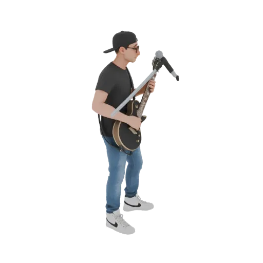 3D-модель рок-гитариста в кепке и очках, играющего на электрогитаре и поющего в микрофон.