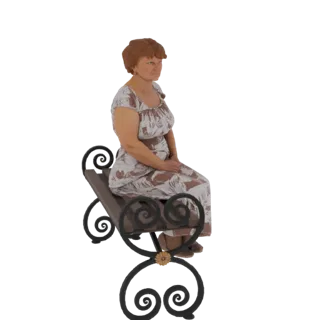 3D модель женщины с короткими рыжевато-каштановыми волосами в цветочном платье, сидящей на витиеватой черной металлической ск