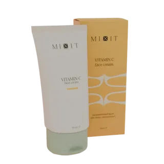 3D-модель белого тюбика крема для лица MiXit Vitamin C с мятно-зеленой крышкой рядом с его желтой упаковкой.