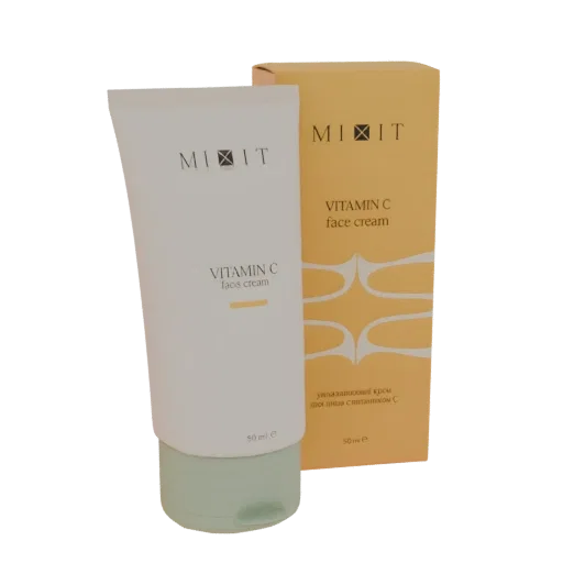 3D-модель белого тюбика крема для лица MiXit Vitamin C с мятно-зеленой крышкой рядом с его желтой упаковкой.
