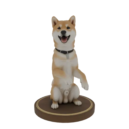 3D модель собаки Сиба-ину, стоящая на задних лапах, с поднятыми передними лапами и открытым ртом, на круглой подставке.