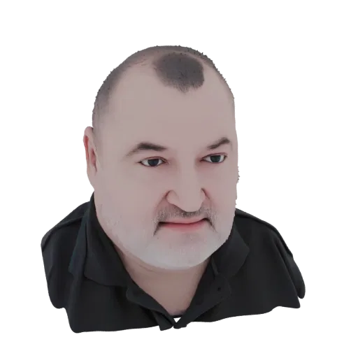 Рендер 3D модели мужчины с редеющими волосами, бородой и темной рубашкой с воротником, вид от груди.