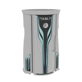 3D модель солярия KBL Energy 2.0 со светло-серым корпусом и светящимися синими акцентами, представленная на белом фоне.