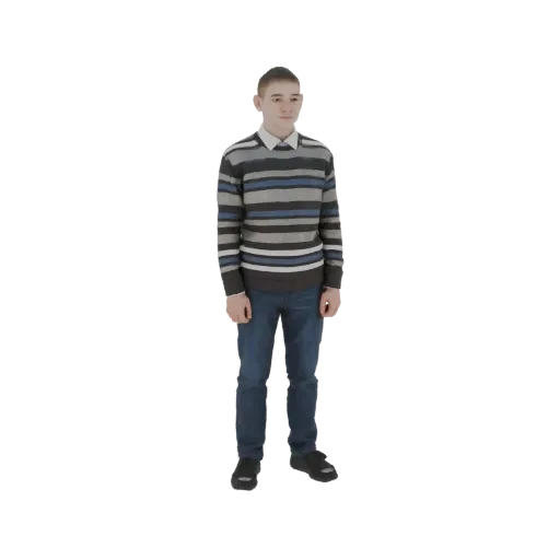 3D-модель молодого человека в свитере в полоску и джинсах, стоящего на белом фоне.
