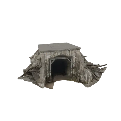 3D модель выветрившегося входа в заброшенную шахту с темным туннелем, окруженная камнями и обломками.