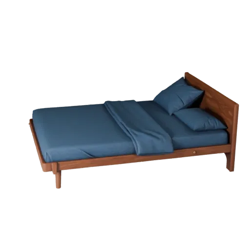 3D модель кушетки с ящиками, спальня, трехчетвертной студийный рендер продукта, детали ткани.
