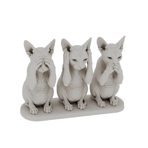 3D модель трех кошек сфинксов, сидящих в ряд и прикрывающих глаза, уши и рот в позе «не вижу, не слышу, не говорю зла».