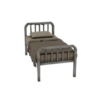 3D модель винтажной больничной кровати с металлической рамой, светло-коричневой подушкой и накинутым коричневым одеялом на бе