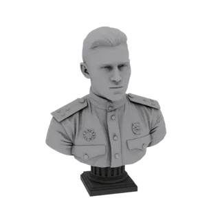 Рендер 3D модели серого бюста советского офицера в форме с медалями, установленного на постаменте.