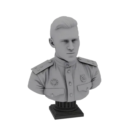 Рендер 3D модели серого бюста советского офицера в форме с медалями, установленного на постаменте.