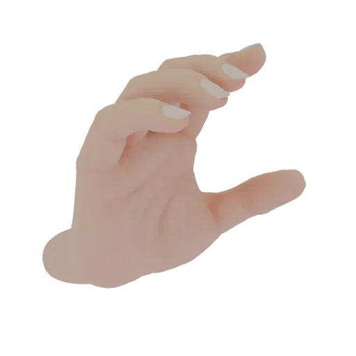 3D модель женской кисти руки, показывающая жест "щепотка", с аккуратными ногтями, на белом фоне