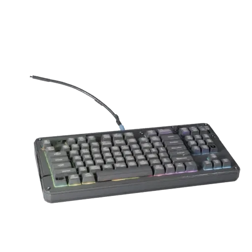 Модульная 3D-модель RGB механической клавиатуры, изометрический вид модульного набора, показывающий пластиковые корпуса, масш