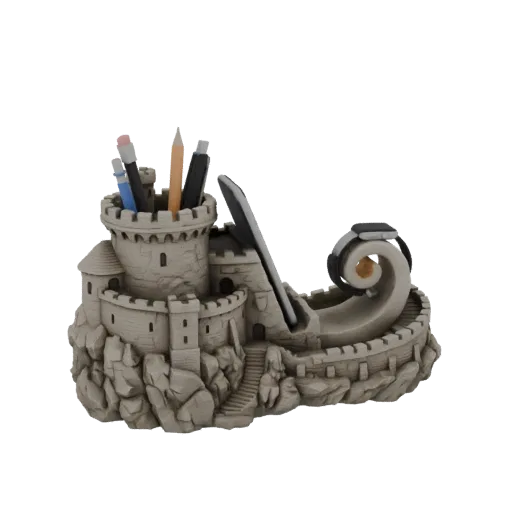 3D модель замка-органайзера для стола с отделениями для ручек и слотом для смартфона.