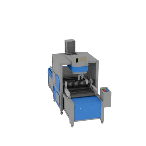 Печатаемая 3D-модель станка для инспекции и упаковки, изометрический рендер STL, показывающий окрашенную сталь, станции машин