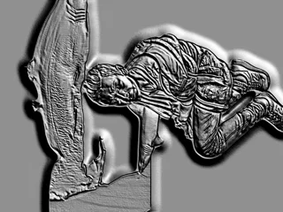 3D модель барельефа в стиле гравюры, изображающая человека, карабкающегося на столб