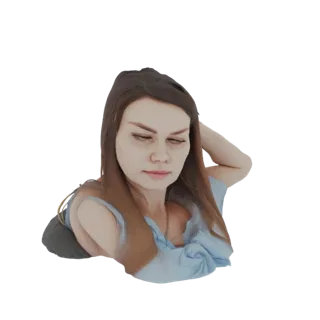3D модель женщины с каштановыми волосами, в синем топе, с рукой на голове, смотрящей вниз.