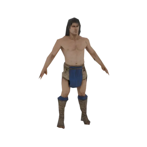 3D модель мускулистого варвара с длинными темными волосами, в синей набедренной повязке и коричневых сапогах, в T-позе.