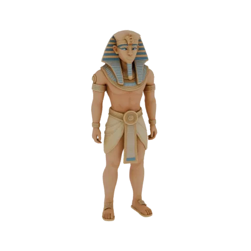 3D модель древнеегипетского фараона в стилизованной одежде и головном уборе, стоящего в полный рост.