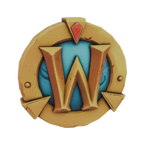 3D модель эмблемы World of Warcraft: золотая 'W' на синем фоне в текстурированной золотой оправе с красным камнем.