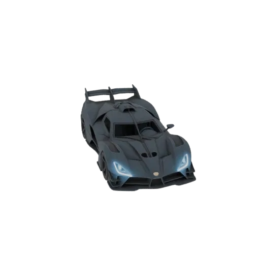 3D модель агрессивного темно-серого гиперкара с заметным задним антикрылом и светящимися синими фарами на белом фоне.