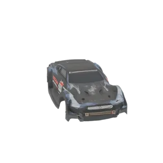 3D модель черного кузова для RC-машины Nissan GT-R R35 с гоночным дизайном и спонсорскими наклейками.