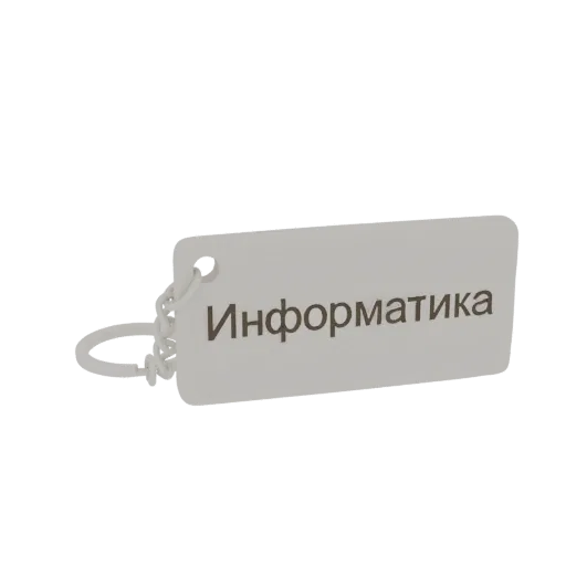 3D рендер светло-серого прямоугольного брелка со словом 'Информатика' на кириллице и прикрепленным металлическим кольцом.