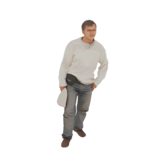 3D модель мужчины в белом свитере и синих джинсах, держащего белую кепку и носящего черную поясную сумку.