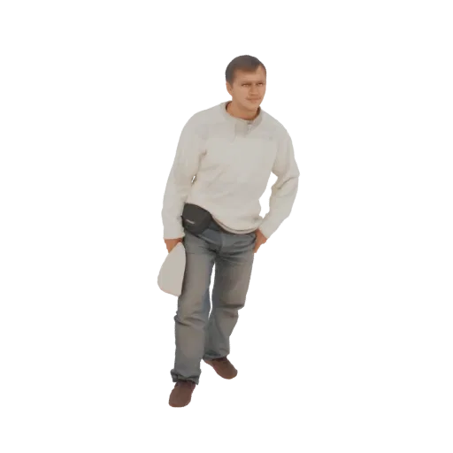 3D модель мужчины в белом свитере и синих джинсах, держащего белую кепку и носящего черную поясную сумку.
