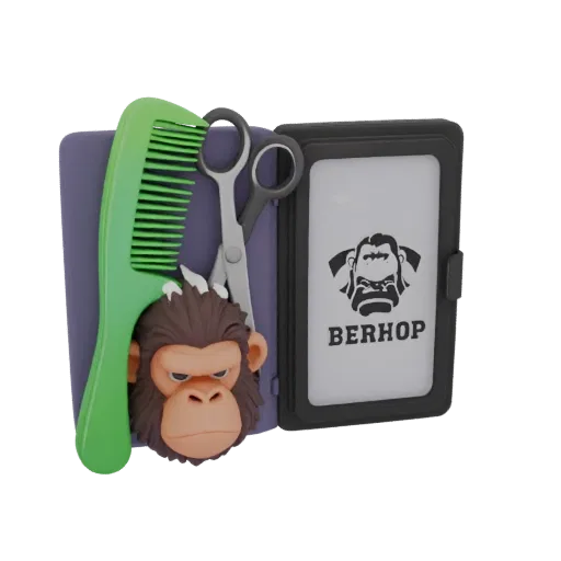 3D модель визитницы "Berhop" с головой гориллы, расческой и ножницами, выполненная в стиле барбершопа.