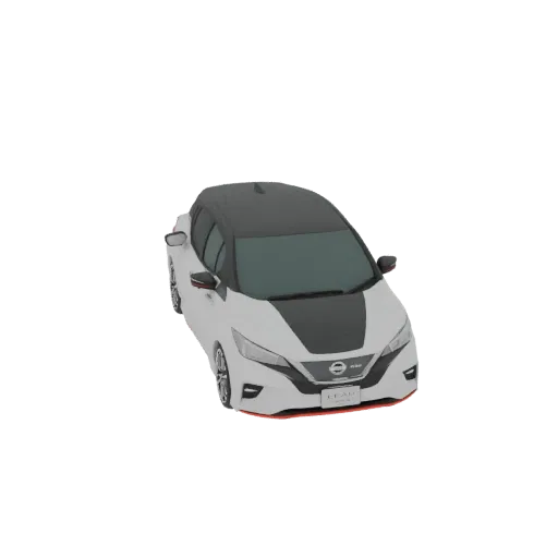 3D модель белого электромобиля Nissan Leaf с черной крышей и капотом, вид с трехчетвертного переднего ракурса.
