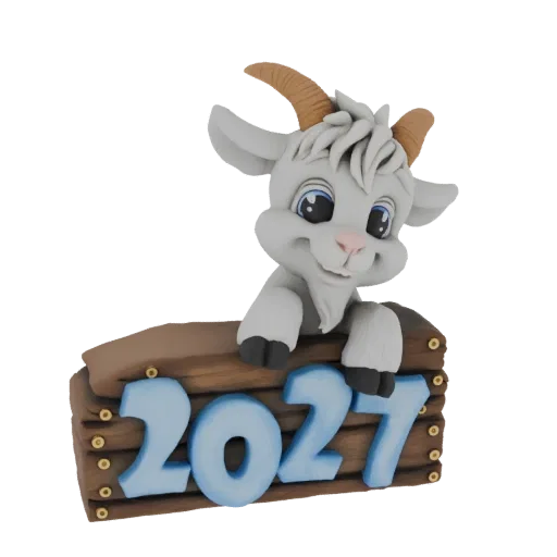 3D модель милого мультяшного белого козлика с голубыми глазами и рожками, выглядывающего из-за деревянной таблички с годом 20