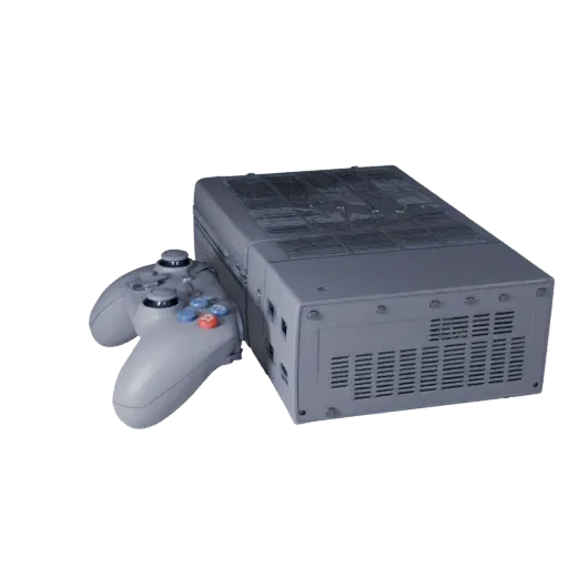 Модульная 3D-модель игровой консоли нового поколения, изометрический вид модульного набора, показывающий матовый пластик, про