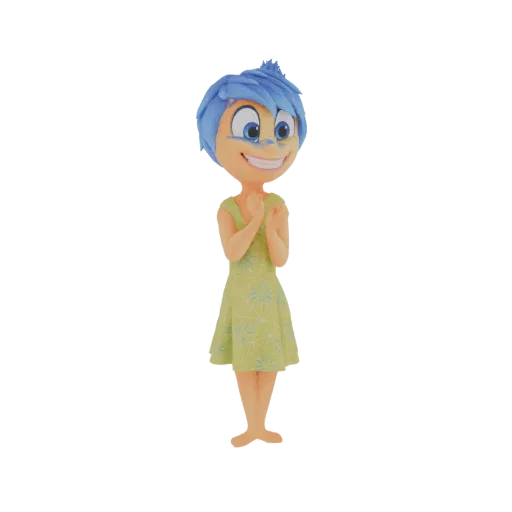 3D модель Радости из Головоломки Disney Pixar, с ярко-синими волосами и желто-зеленым платьем, улыбается и хлопает в ладоши.