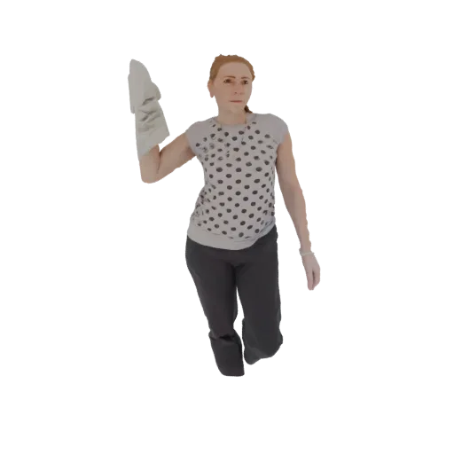 3D модель женщины в футболке в горошек и серых брюках, держащей тряпку в поднятой руке, на белом фоне.