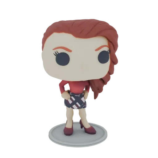 3D-модель рыжеволосой девушки в клетчатой юбке, в стиле фигурки Funko Pop, стоящей на сером основании.