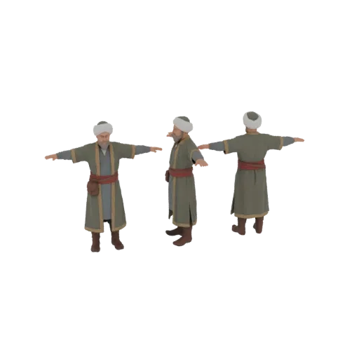 3D модель османского воина в традиционной одежде, показан с разных ракурсов на белом фоне.