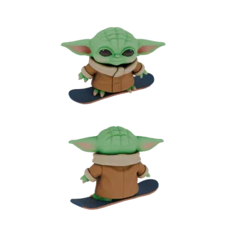 3D модель Грогу, персонажа Star Wars, едущего на ховерборде, вид спереди и сзади.