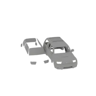 3D model of a deconstructed SUV body, showing the main chassis and separate exterior panels like doors, hood, and roof.