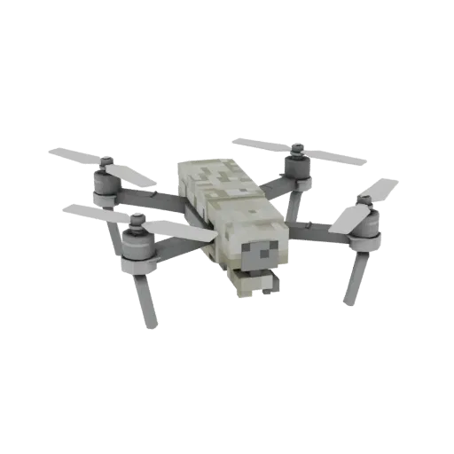 Low-poly 3D модель военного квадрокоптера в стиле Minecraft с камуфляжной текстурой и четырьмя пропеллерами.