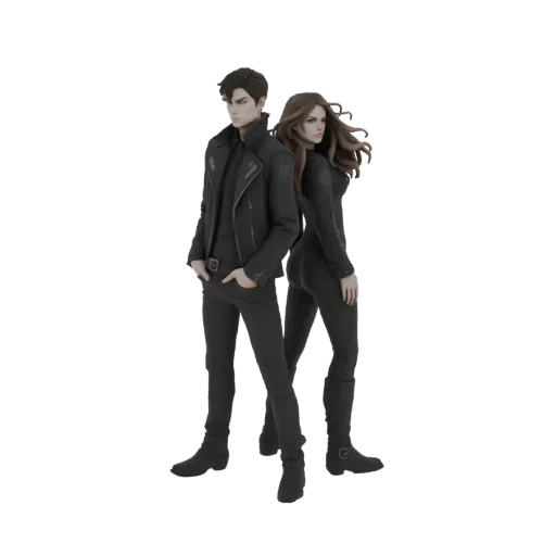 3D модель мужчины и женщины, стоящих спиной к спине, оба в черных кожаных куртках и брюках.