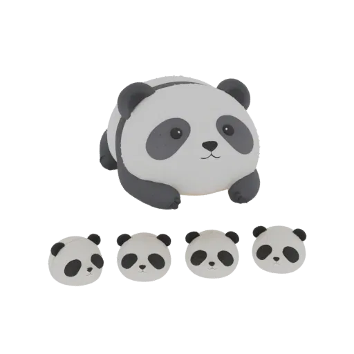 3D модель милой спящей панды, лежащей на животе, с четырьмя маленькими пандами внизу.