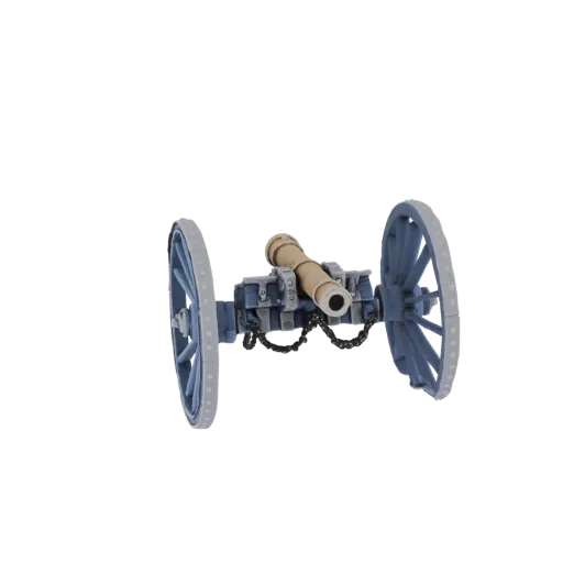 3D-рендер миниатюрной пушки 18 века с дулом цвета загара, синим лафетом и синими колесами со спицами на белом фоне.