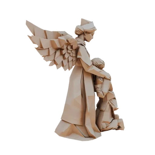 3D модель ангела в стиле оригами с большими сложенными крыльями, защитно обнимающего kneeling ребенка.