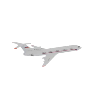 3D модель белого пассажирского самолета Туполев Ту-154М с красно-синими акцентами, вид с трехчетвертного ракурса.