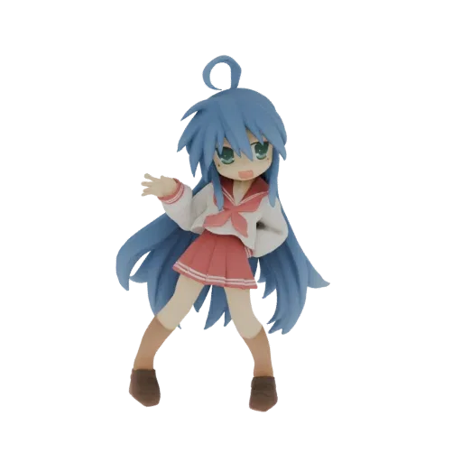 3D модель Коны Идзуми из Lucky Star, веселой аниме девушки с синими волосами в школьной форме, в динамичной позе.