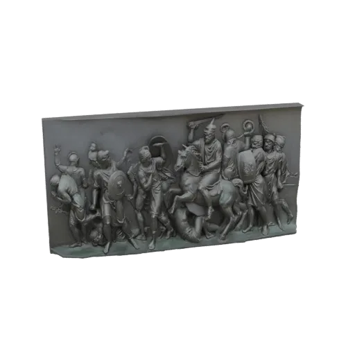 3D модель древнего рельефа, изображающего хаотичную сцену битвы с воинами пешком и на лошадях.