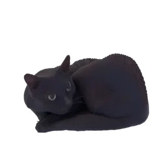 3D модель черного кота, мирно свернувшегося клубком, с зелеными глазами и темной шерстью, на белом фоне.
