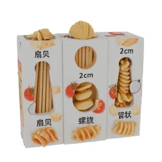 3D модель трех коробок с макаронами: гребешки, спирали и трубочки, с изображениями сыра и помидоров на упаковке.