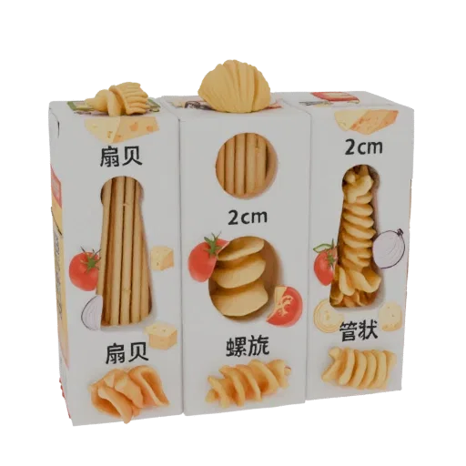 3D модель трех коробок с макаронами: гребешки, спирали и трубочки, с изображениями сыра и помидоров на упаковке.