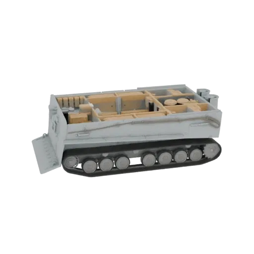 3D-модель интерьера немецкого Sd.Kfz. 251, показывающая детализированные сиденья, оборудование и внутреннюю структуру в сером